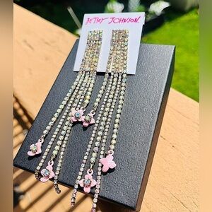 Betsey Johnson Pink Butterfly Crystal Fringe Dangle Earrings NWT